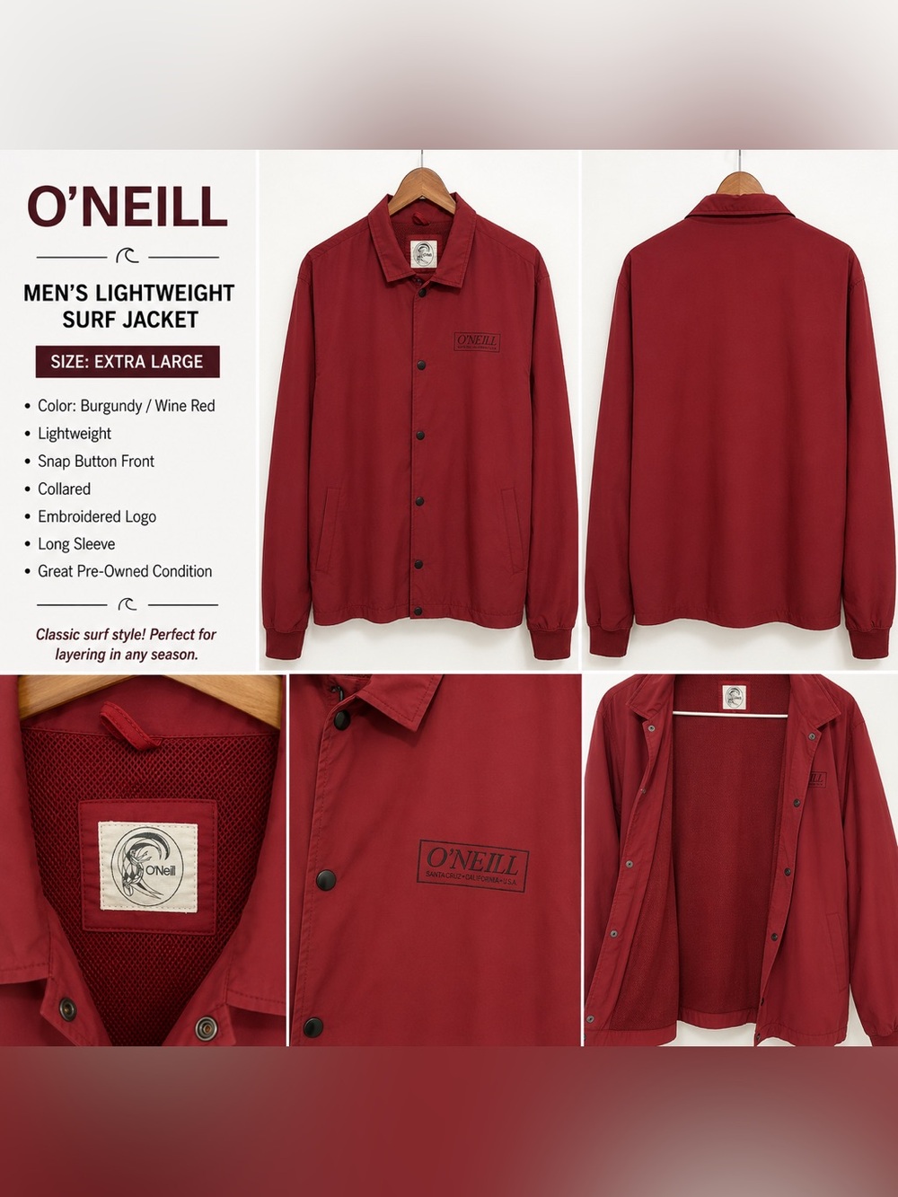 O'Neill Men's Burgundy Snap-Front Lightweight Jacket